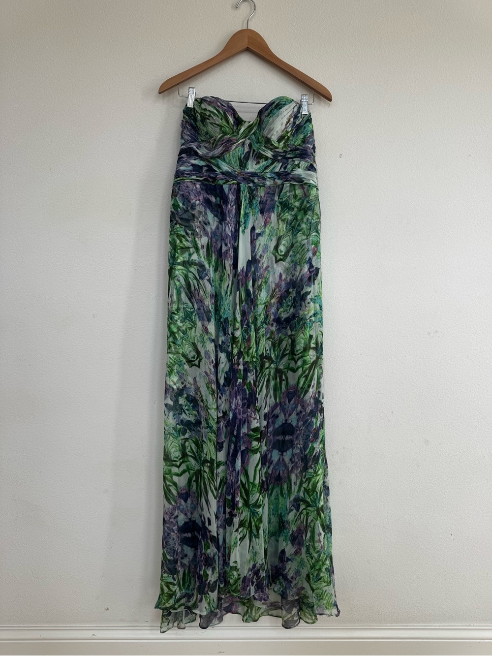 Aidan Mattox Green & Purple Floral Strapless Maxi dress